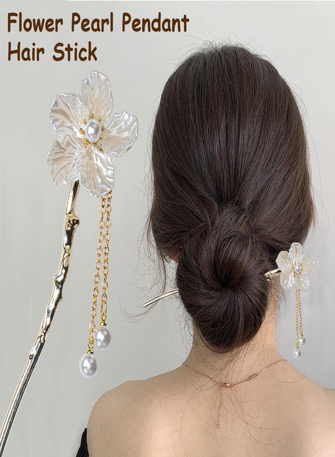 WYVAS 10 Pcs Decorative Vintage Retro Pearl Gold Metal Hair Sticks Pins with Pearl Jade Dangles Tassels Pendants, Chinese Hanfu Asian Flower Butterfly Hair Sticks Hair Chopsticks for Women Girls Christmas - Image 5
